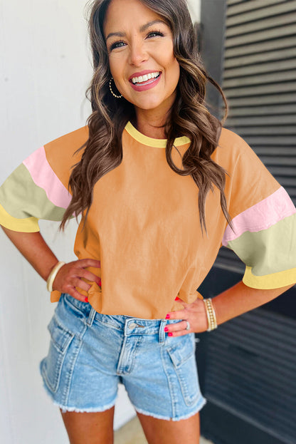Colorblock Cotton Tee Loose Crew Neck Short Sleeve