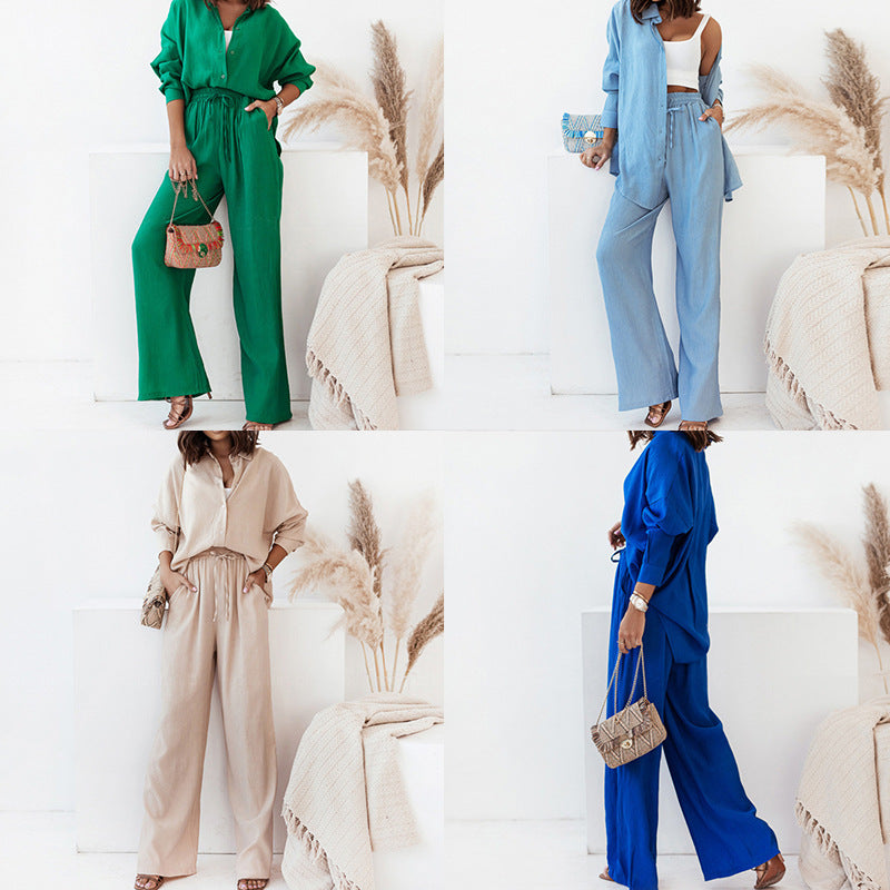 Women's Solid Shirt & Wide Leg Pants Lounge Set