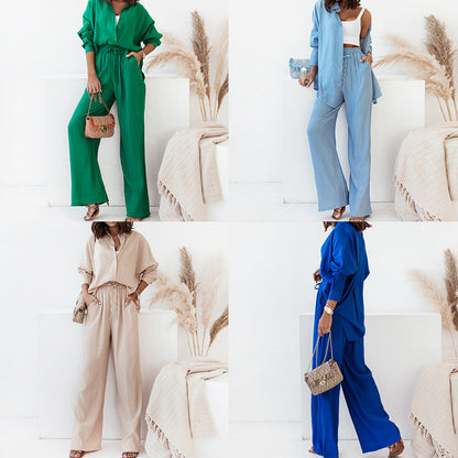 Women's Solid Shirt & Wide Leg Pants Lounge Set