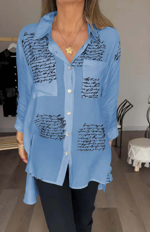 Women's Loose V Neck Letter Print Button Down Shirt