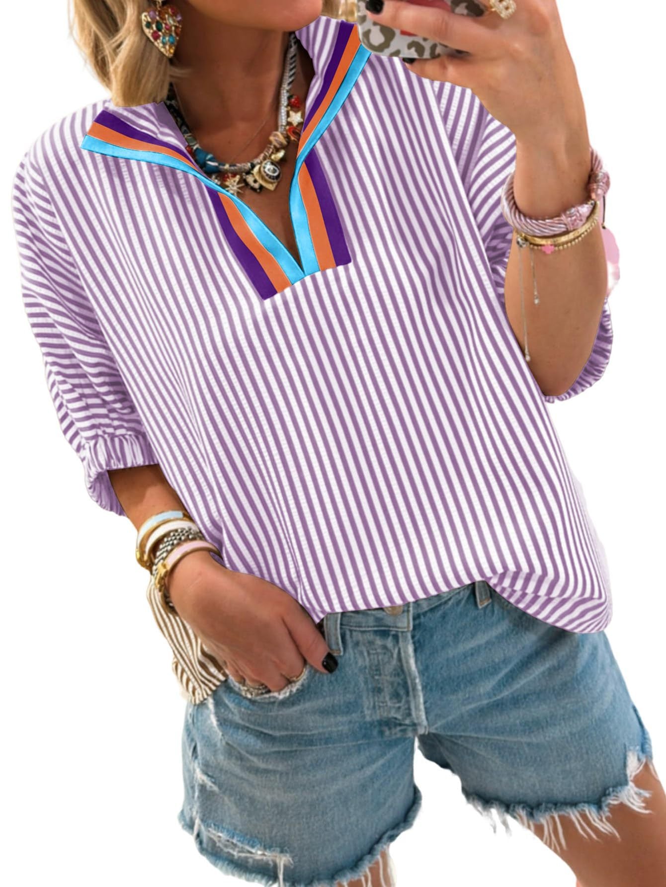 Striped V-Neck Colorblock Blouse Short Sleeve Casual Top