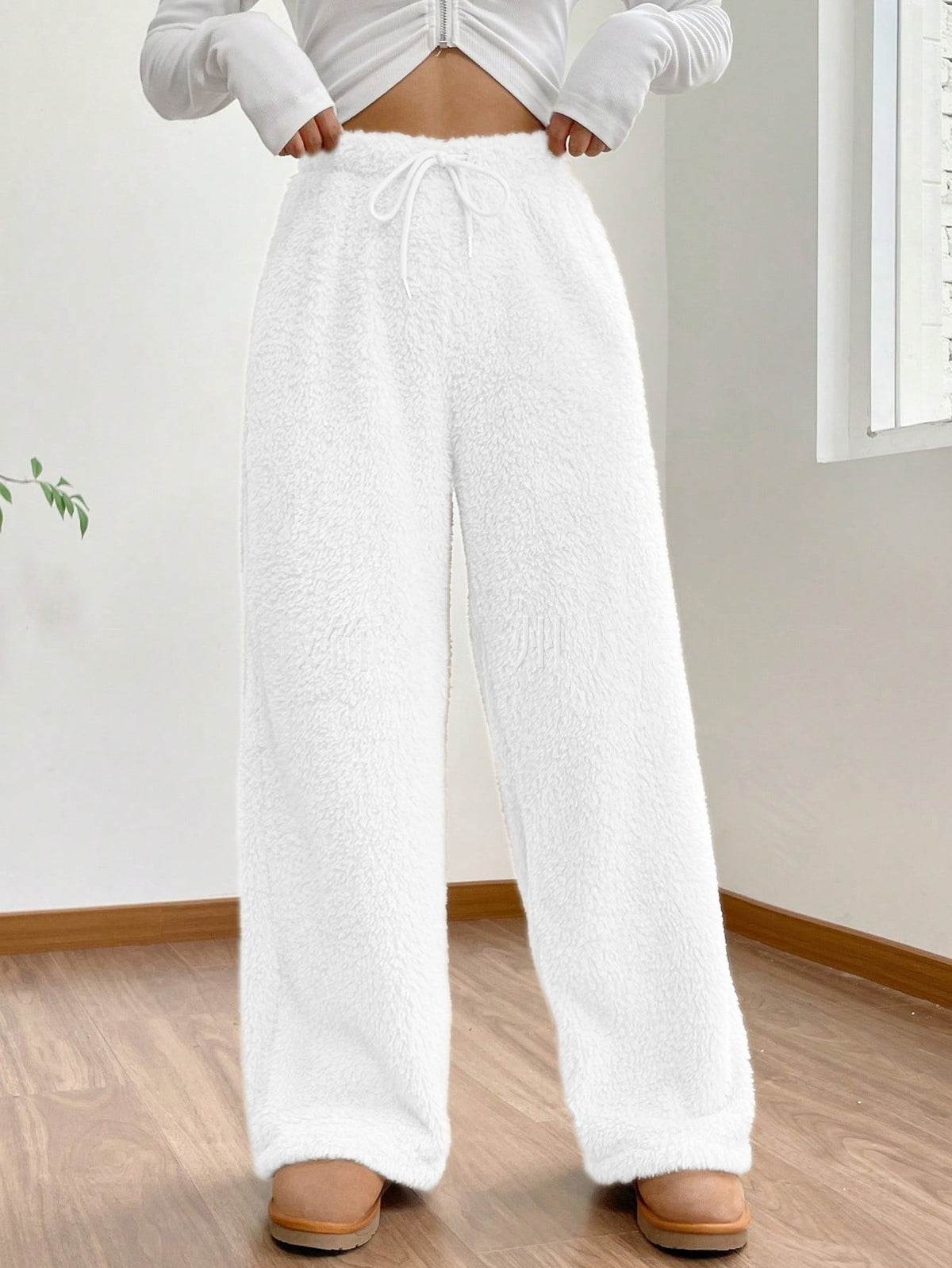 Women's Sherpa Wide Leg Pants Winter Warm Lounge Trousers