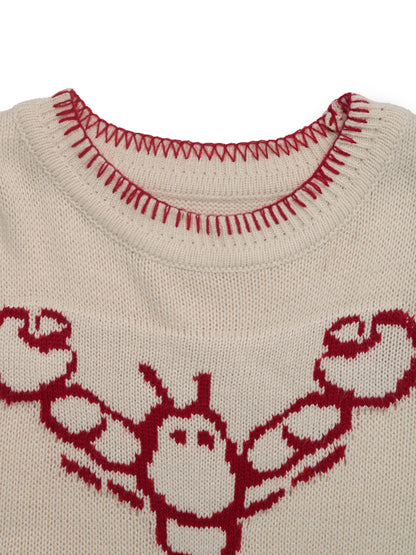 Lobster Jacquard Crew Neck Contrast Knit Sweater