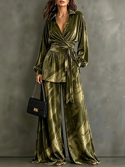 Women's Velvet Wrap Top Wide Leg Pants Two Piece Set