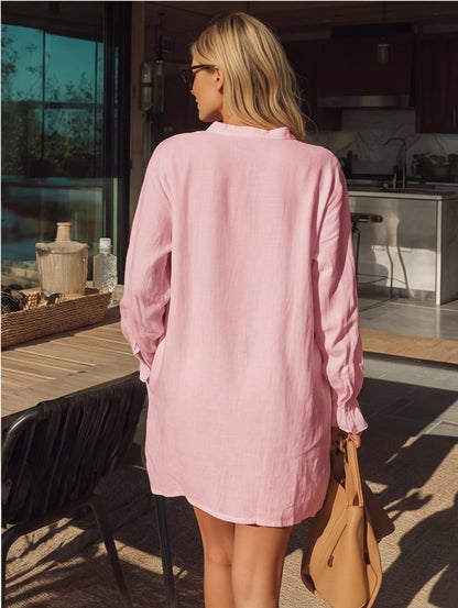 Oversized Beach Shirt Dress Long Sleeve V-Neck Cover Up