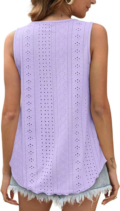 Eyelet Knit Tank Top Sleeveless Loose Fit Summer Top