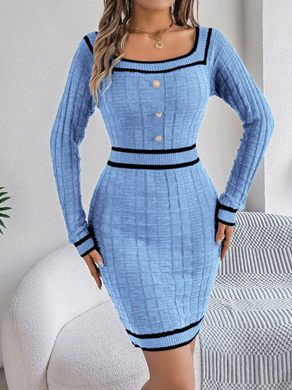 Women's Elegant Square Neck Button Long Sleeve Sweater Hip Skirt