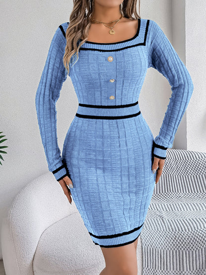 Square Neck Long Sleeve Button Front Bodycon Sweater Dress