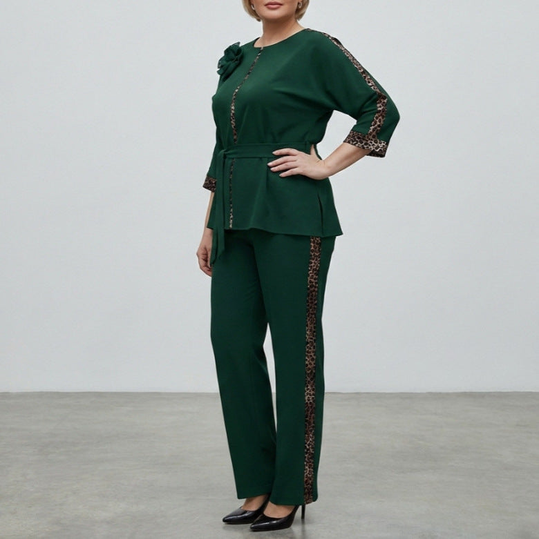 Women's Elegant Belted 2-Piece Floral Pant Set