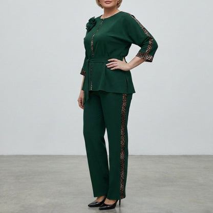 Women's Elegant Belted 2-Piece Floral Pant Set