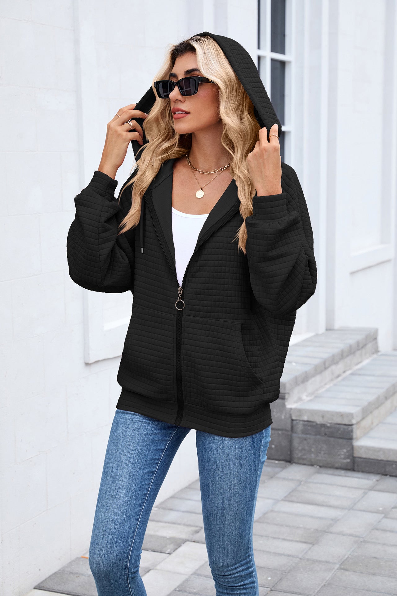 Quilted Zip Up Hooded Jacket Hoodie with Pockets