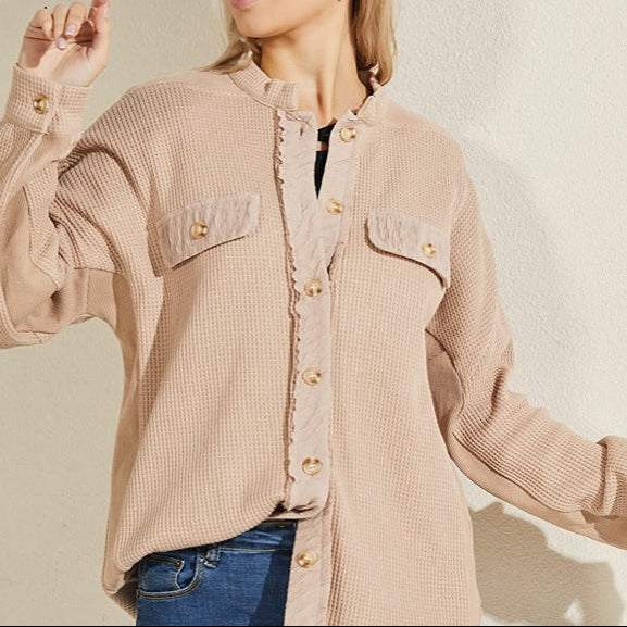 Women's Waffle Texture Button Front Pocket Shacket