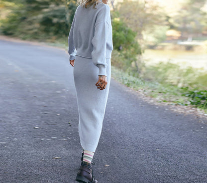 Women's Knit Two Piece Set Mock Neck Sweater Midi Skirt