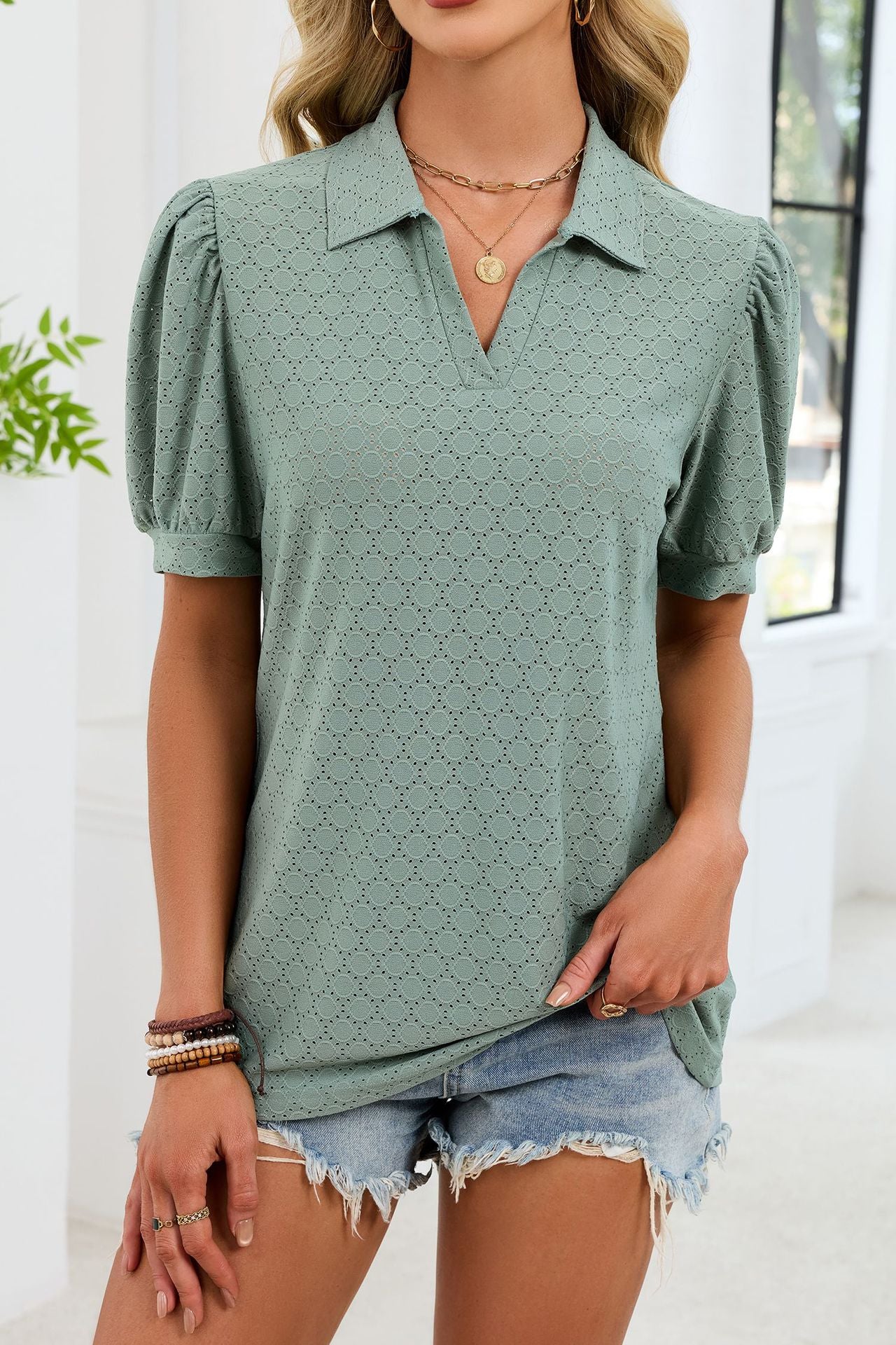 Eyelet V Neck Puff Sleeve Polo Blouse Casual Top