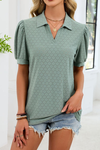 Eyelet V Neck Puff Sleeve Polo Blouse Casual Top