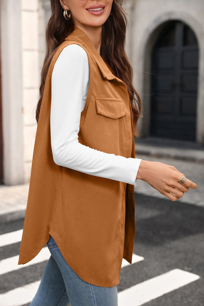 Corduroy Vest Button Front Sleeveless Longline Jacket