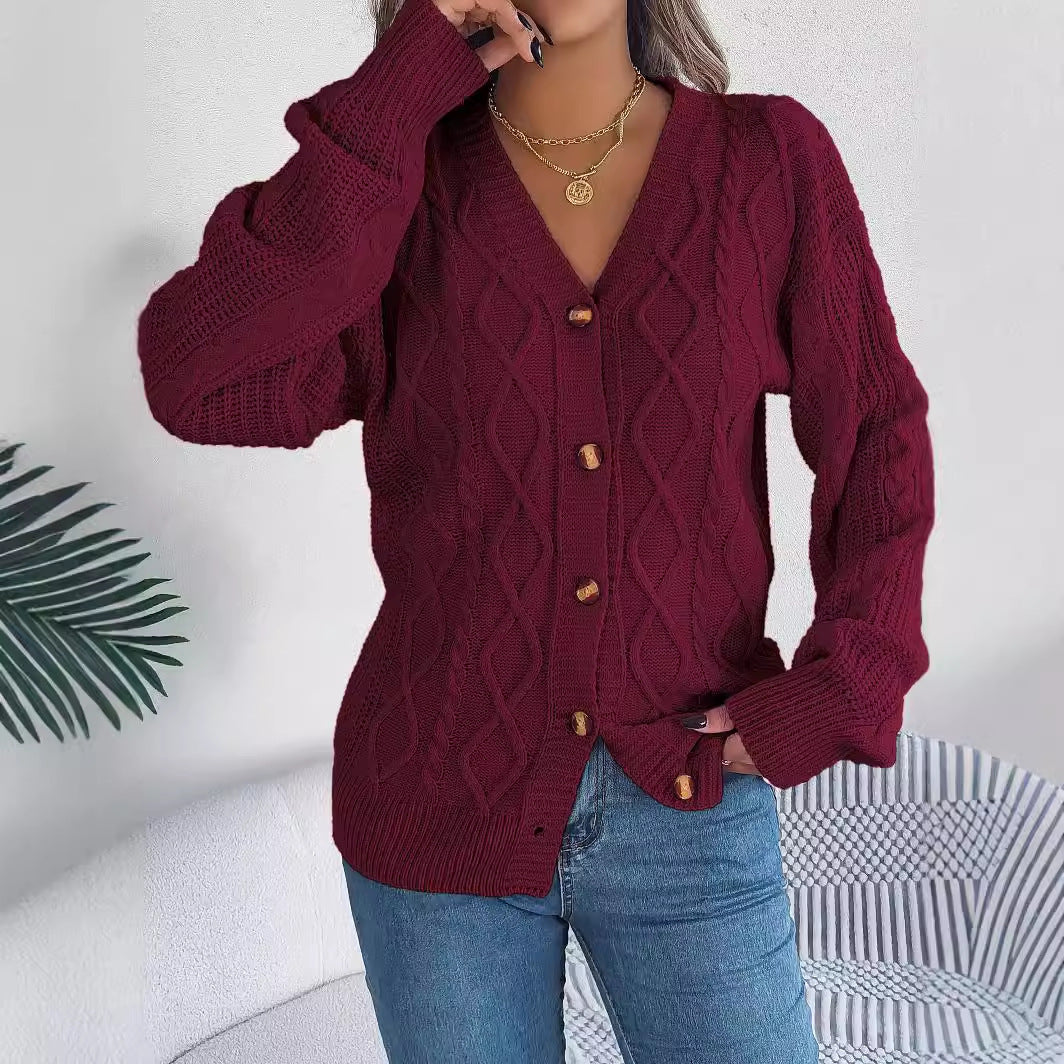 Fall Winter Cable Knit V Neck Lantern Sleeve Cardigan