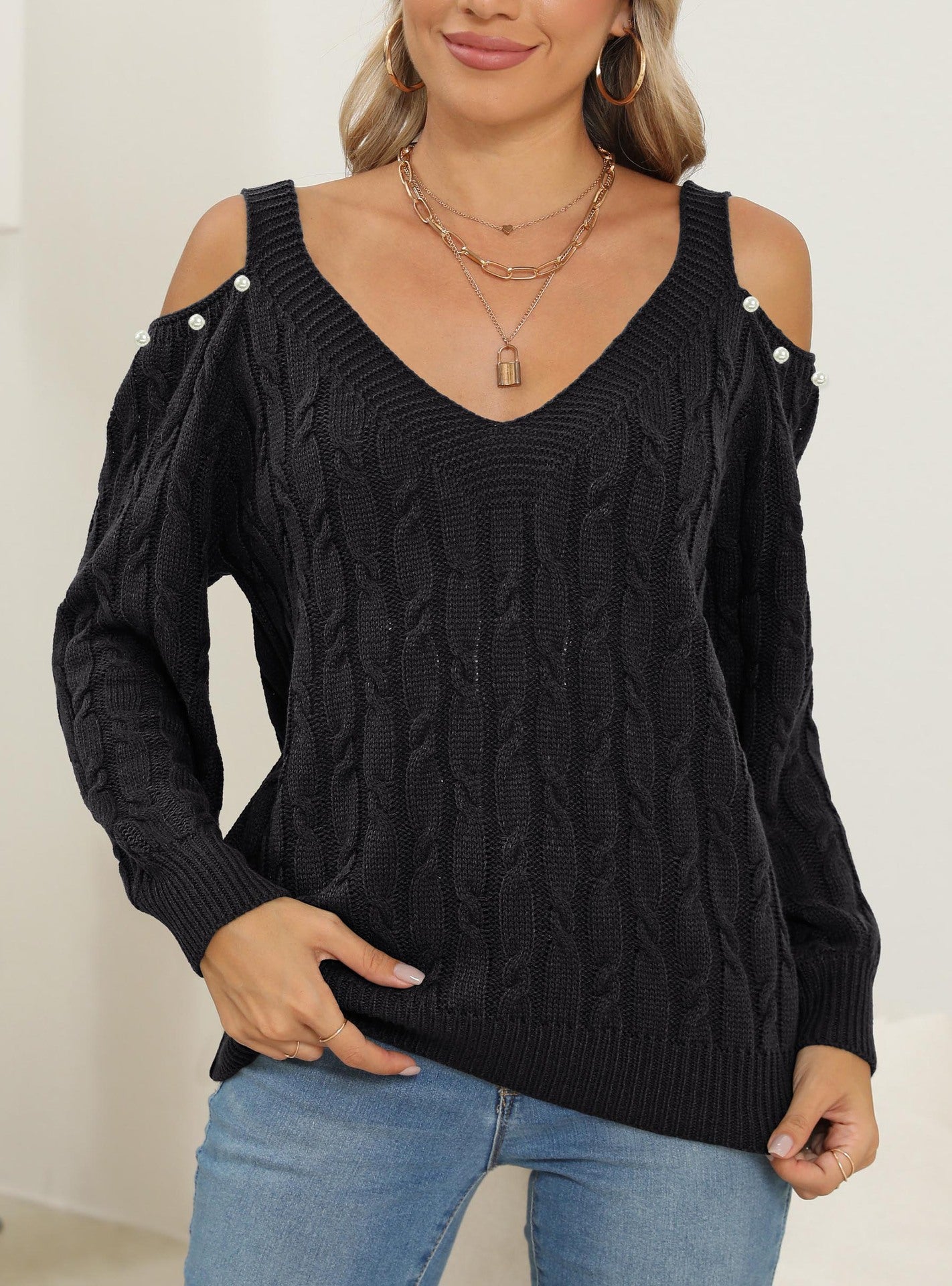 Women's Deep V Sexy Off-the-shoulder Beaded Loose Bottoming Shirt