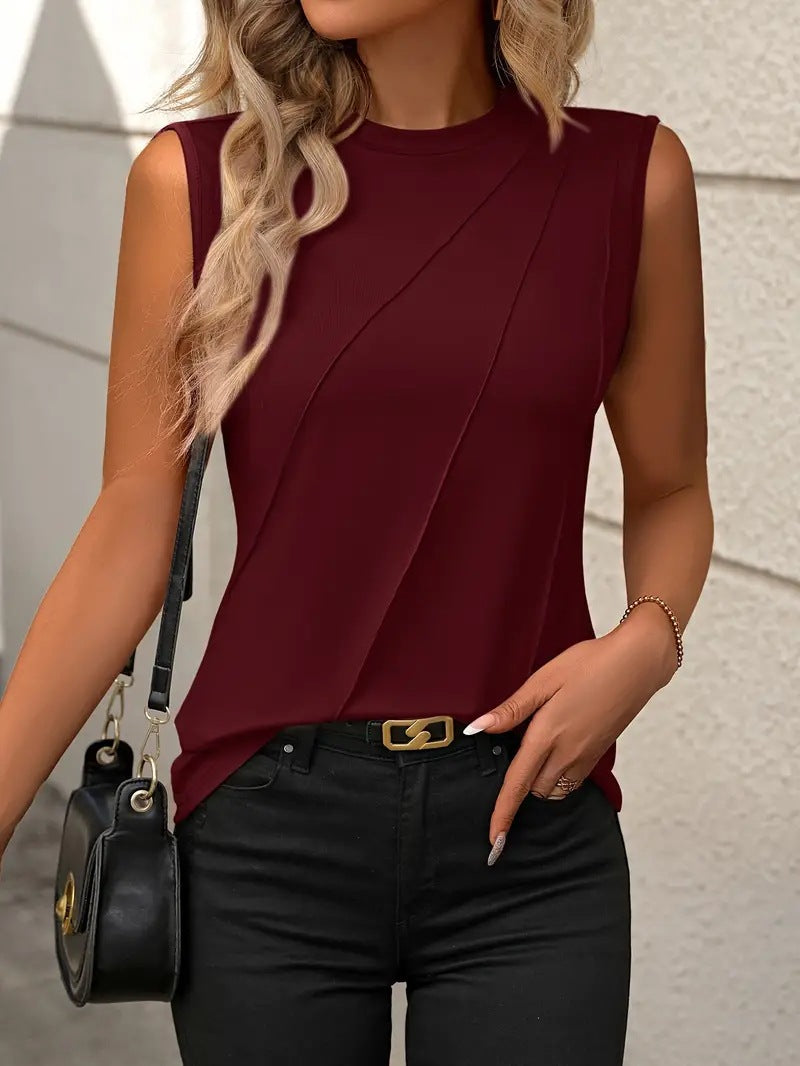 Burgundy Sleeveless Top Crew Neck Minimal Chic Tank