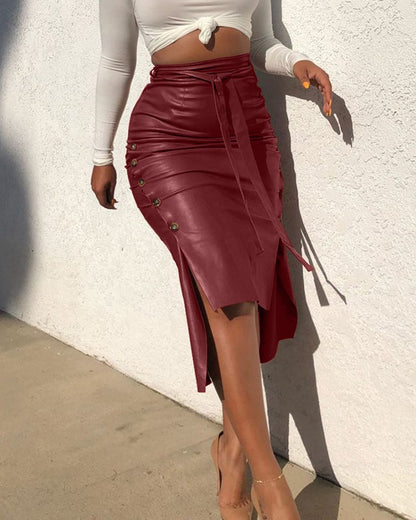 Faux Leather Midi Skirt High Waist Slit Bodycon Skirt