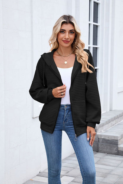 Quilted Zip Up Hooded Jacket Hoodie with Pockets
