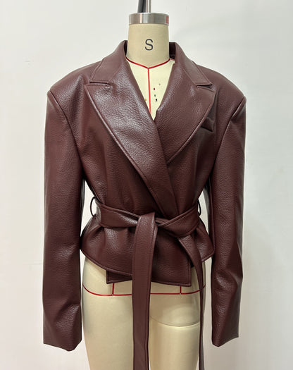 Belted Faux Leather Jacket Women Moto Blazer