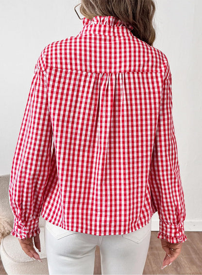 Women's Gingham Ruffle V Neck Long Sleeve Blouse