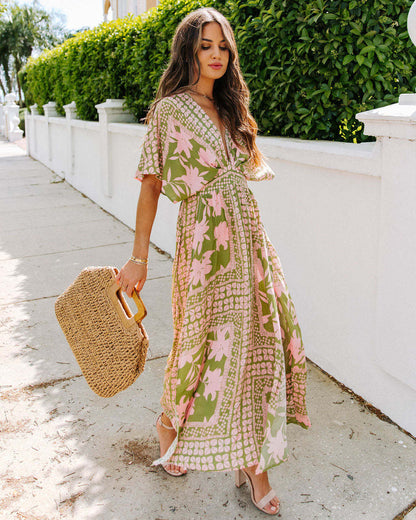 Boho Floral V Neck High Waist Split Maxi Dress