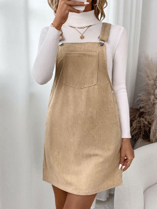 Women's Corduroy Overall Pinafore Khaki Dress with Pocket