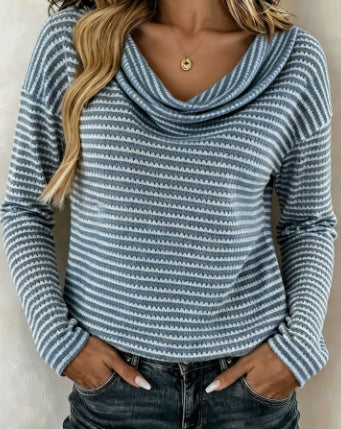 Women's Cowl Neck Striped Long Sleeve Knit Sweater