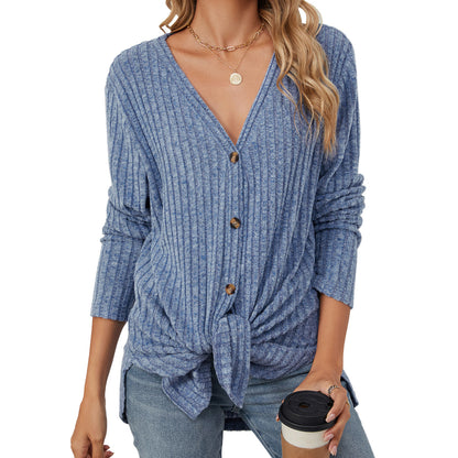 Womens V Neck Tie Front Button Up Long Sleeve Knit Cardigan