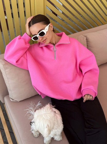 Women's Oversized Half Zip Collared Sweatshirt