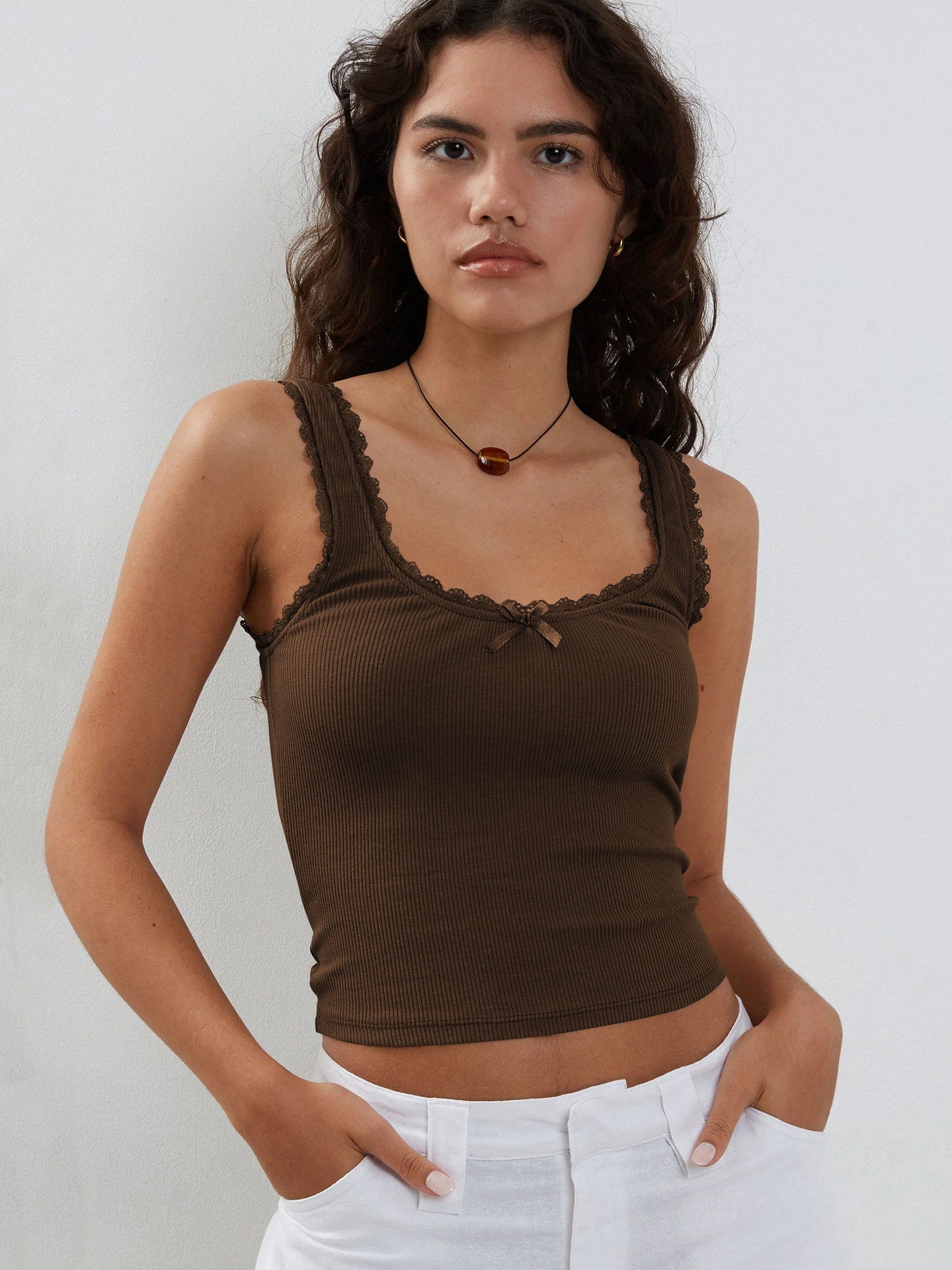 Ribbed Lace Trim Cami Top Slim Fit Cropped Tank