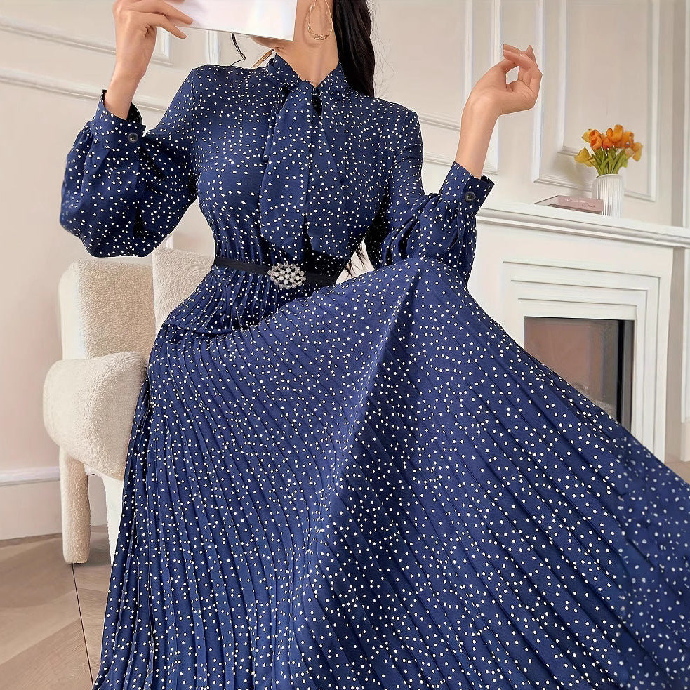 Women's Polka Dot Pleated Maxi Dress Tie Neck Long Sleeve