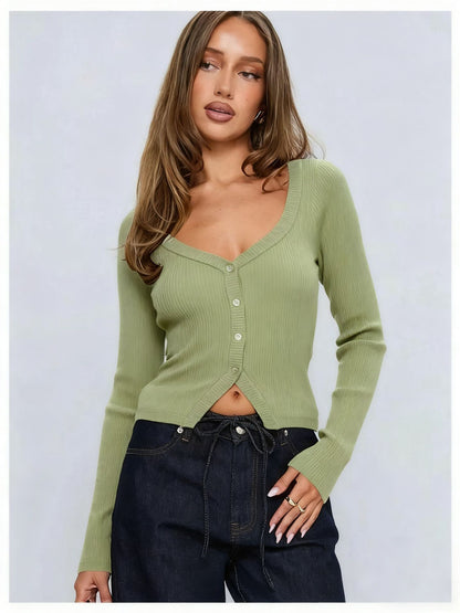 Sexy Ribbed V-Neck Crop Cardigan Button Front Long Sleeve