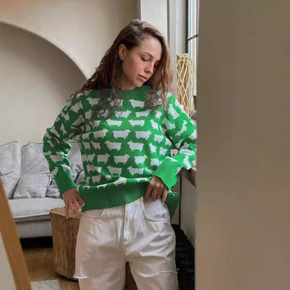 Oversized Crewneck Sheep Print Knit Sweater