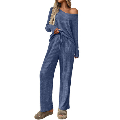 Cozy Ribbed V Neck Lounge Set with Wide Leg Pants