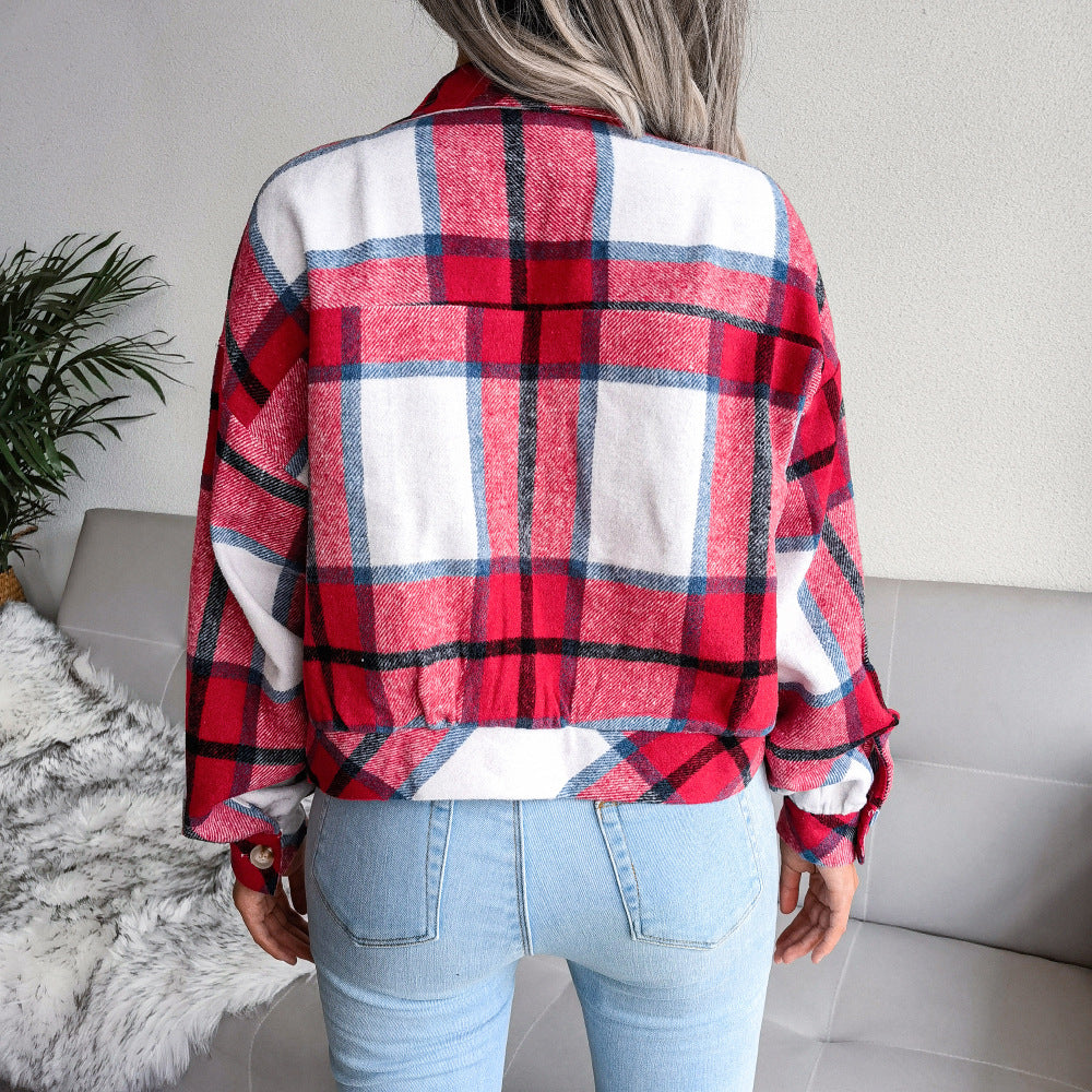 Women's Plaid Lantern Long Sleeve Tweed Jacket