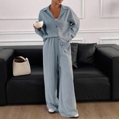 Linen Blend Button Down Shirt Wide Leg Pants Matching Set