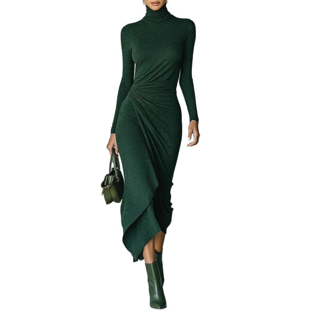 Turtleneck Ruched Long Sleeve Asymmetrical Midi Dress