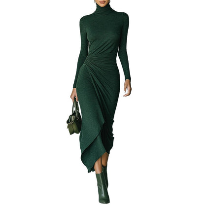 Turtleneck Ruched Long Sleeve Asymmetrical Midi Dress