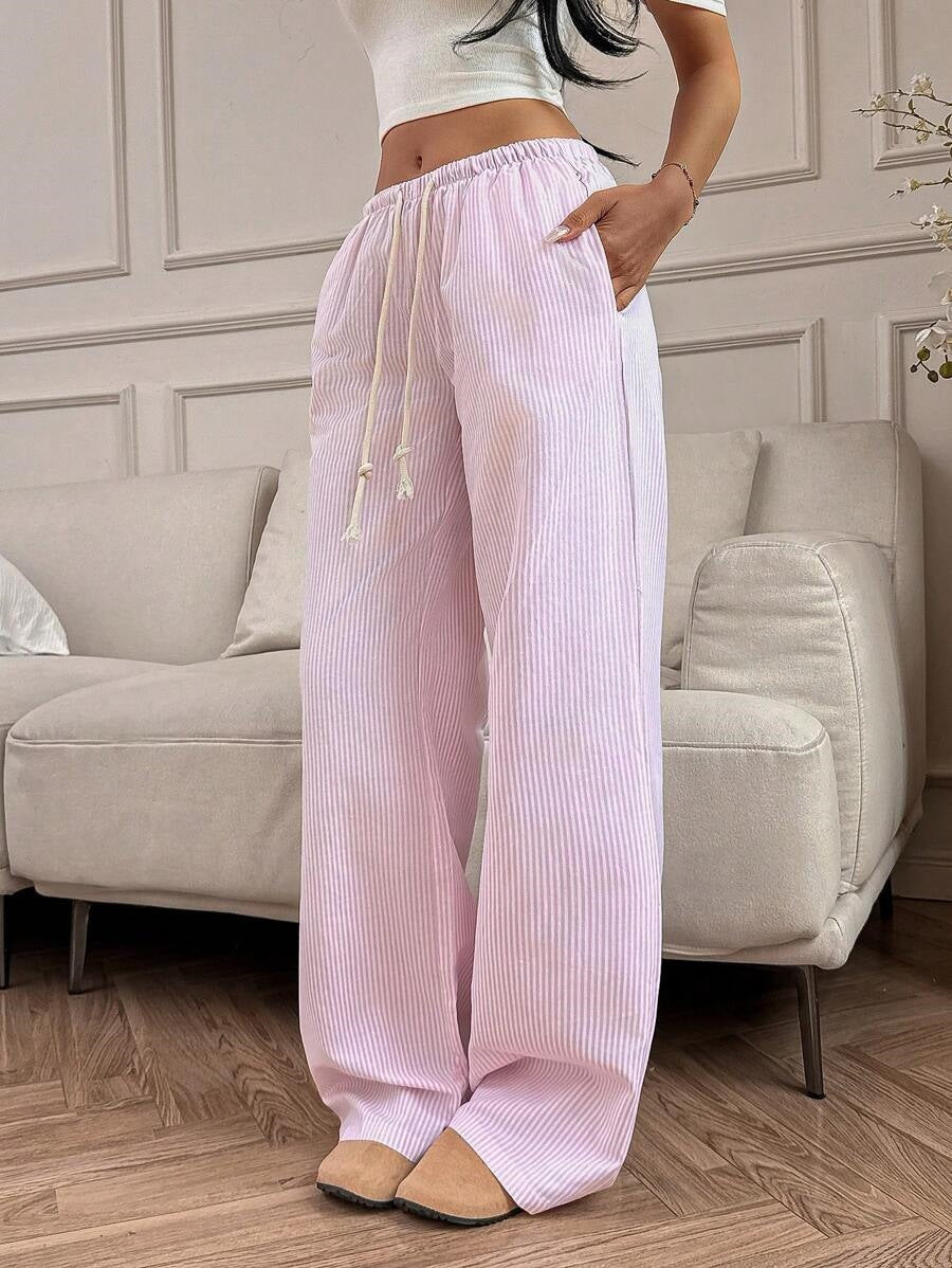 Womens Striped Wide Leg Pants Drawstring Casual Loose