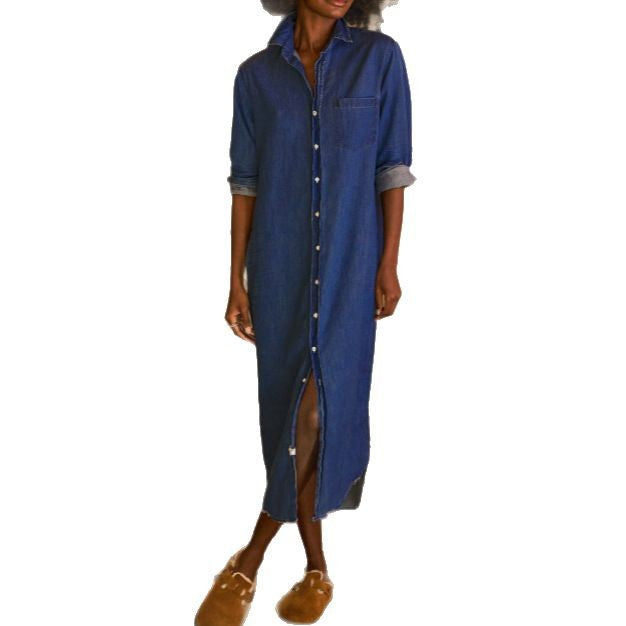 Women's Denim Button Down Shirt Dress Long Sleeve Maxi