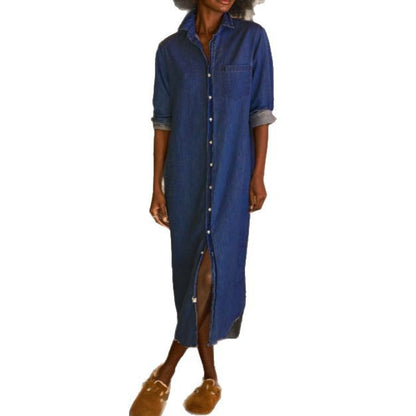 Women's Denim Button Down Shirt Dress Long Sleeve Maxi