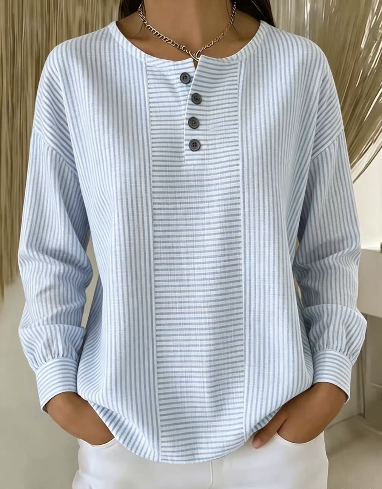 Women's Striped Patchwork Crew Neck Long Sleeve Blouse