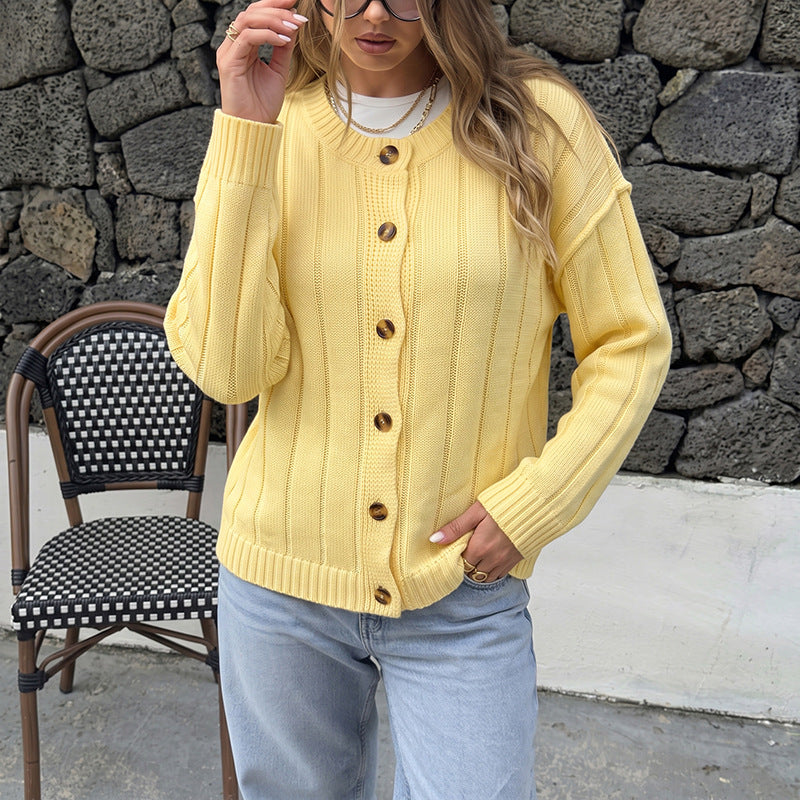 Solid Ribbed Knit Cardigan Button Front Crew Neck Sweater