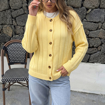 Solid Ribbed Knit Cardigan Button Front Crew Neck Sweater