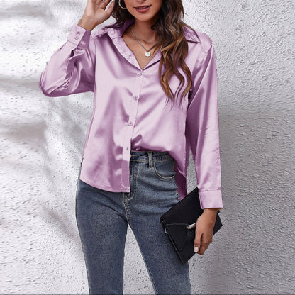 Women's Satin Long Sleeve Button Down Collared Blouse
