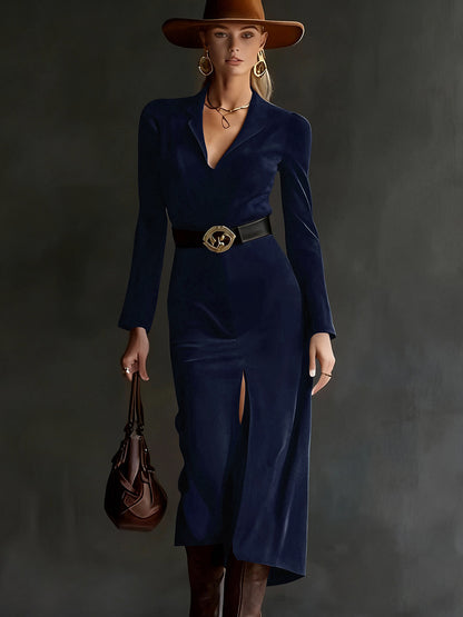 Suede Blazer Dress Belted Slit Midi Long Sleeve