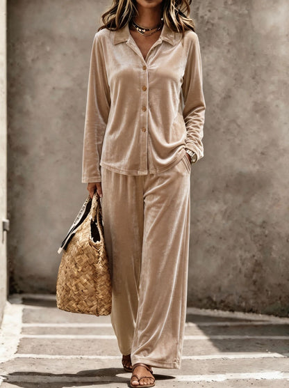 Women's Velvet Shirt Wide Leg Pants Two Piece Set
